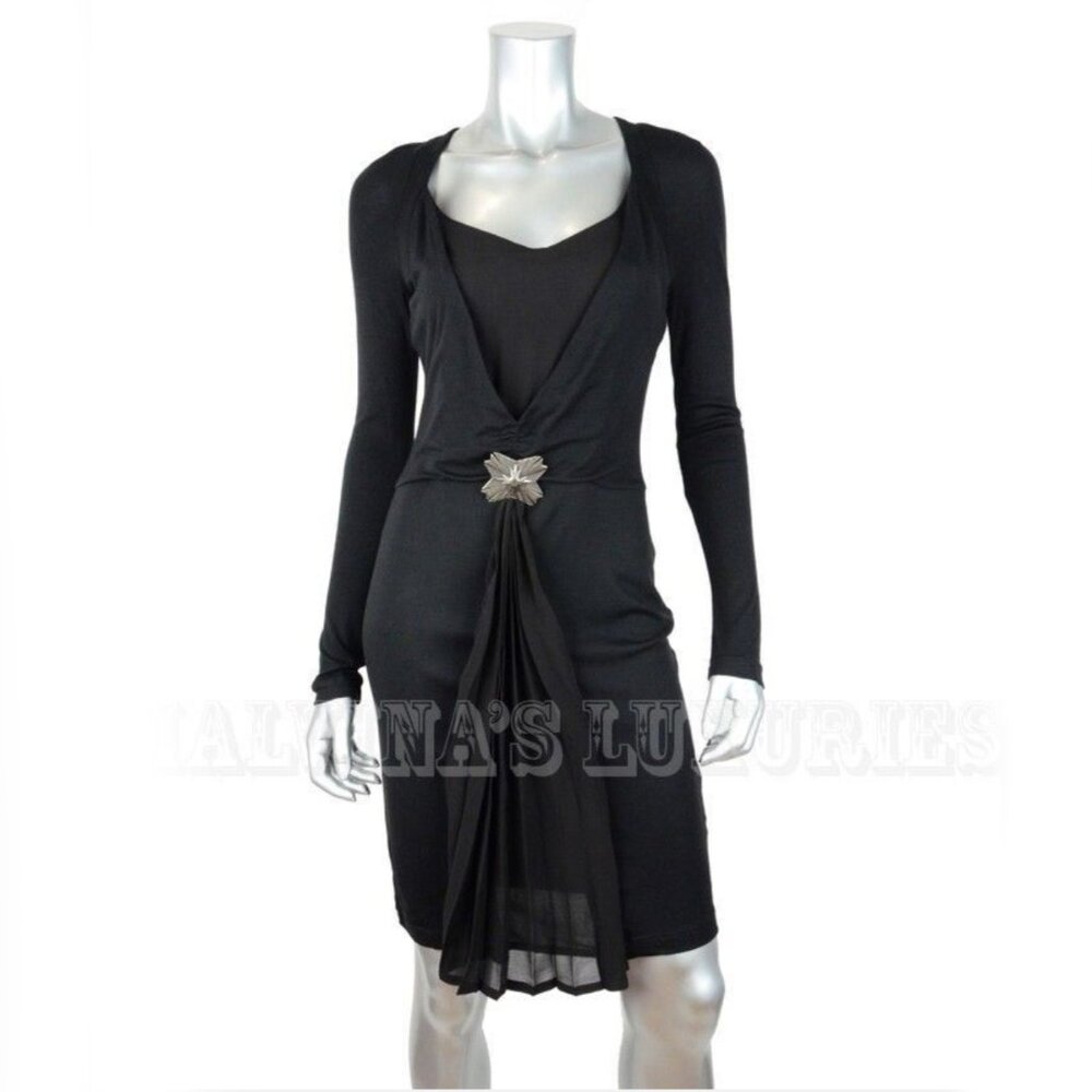 JUST CAVALLI BY ROBERTO CAVALLI DRESS BLACK WOOL BLEND PLEAT SKIRT DETAIL SMALL